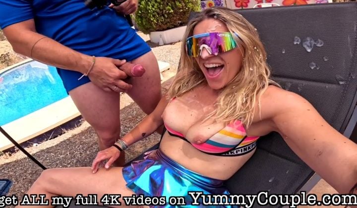 ⁣Blonde milf gets completely covered in cum