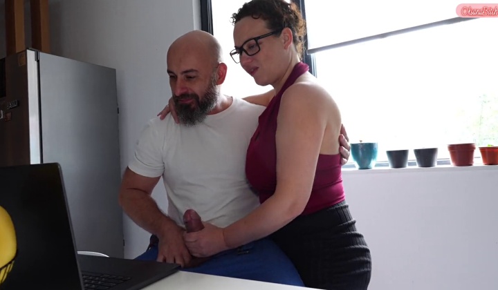 ⁣This guy is pounding a girl's ass in a steamy threesome, joined by his wife